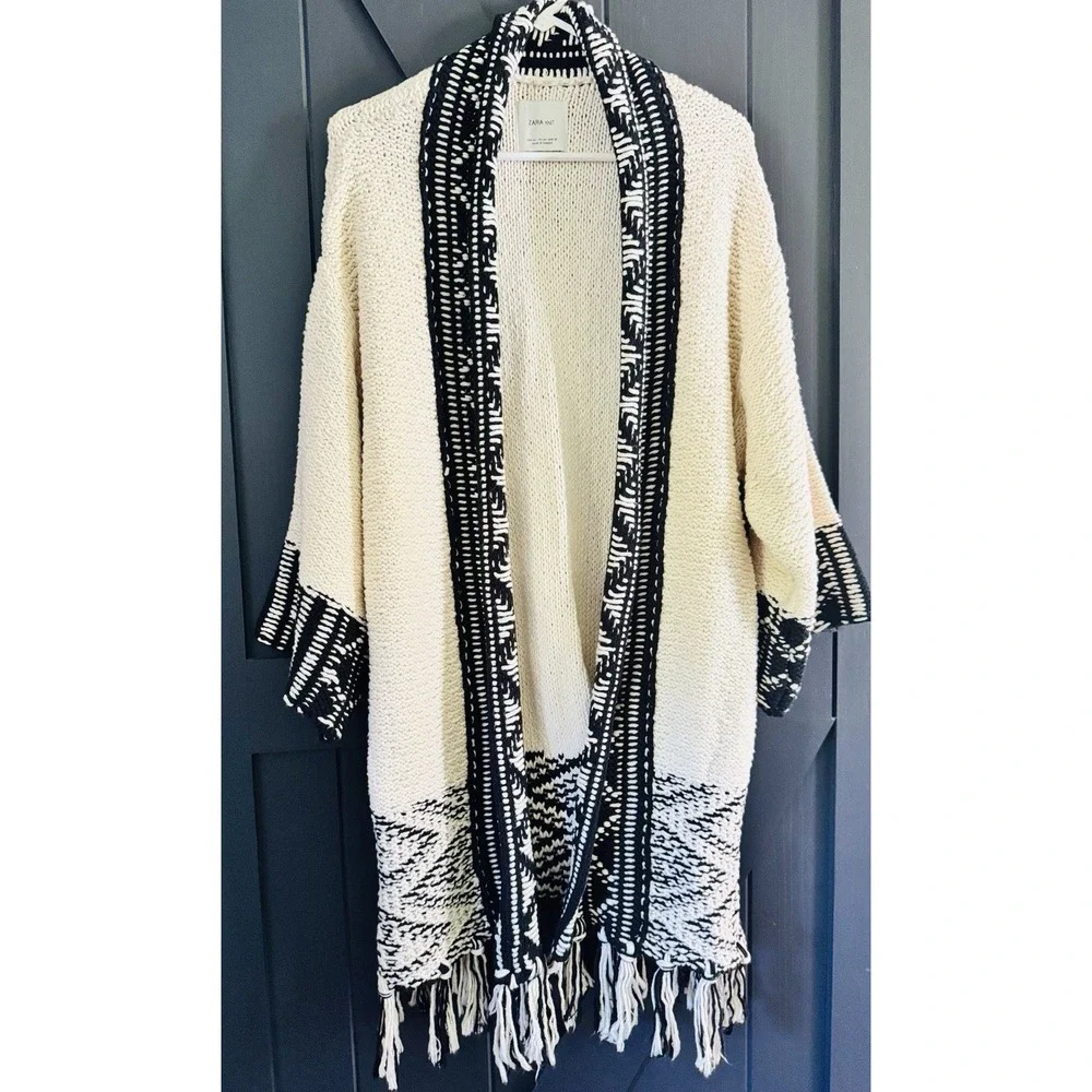 Zara Comfy Chunky Fringe Knit Oversized Cardigan Shabby Chic Bohemian Aztec Sz M